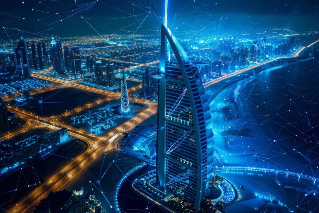 panoramic views dubai city illuminated neon spectrum 23 2151305401